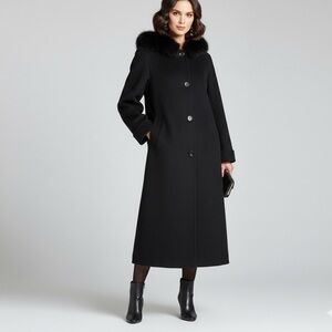 Regency Long Black Lambs Wool Coat Genuine Fur Trim Hood Glam L/XL Vintage